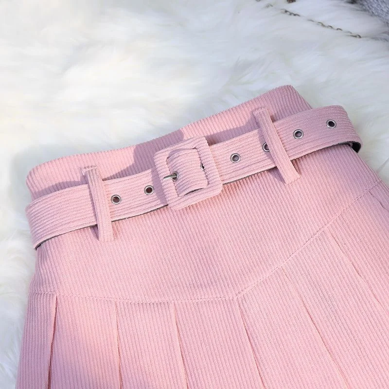 Streetwear Corduroy Pleated Skirt Women Sexy Short Skirt Autumn Winter High Waist Sashes Slim A-line Skirts Girl With Liner 2025