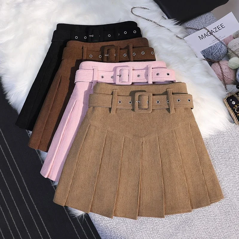 Streetwear Corduroy Pleated Skirt Women Sexy Short Skirt Autumn Winter High Waist Sashes Slim A-line Skirts Girl With Liner 2025