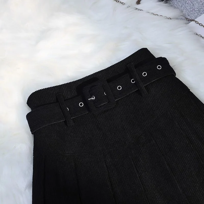 Streetwear Corduroy Pleated Skirt Women Sexy Short Skirt Autumn Winter High Waist Sashes Slim A-line Skirts Girl With Liner 2025