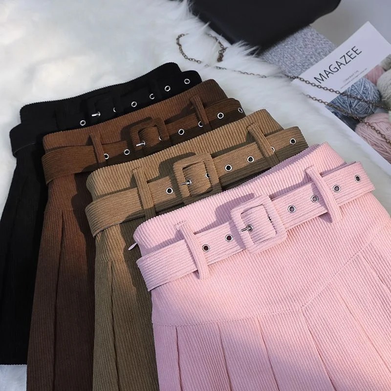 Streetwear Corduroy Pleated Skirt Women Sexy Short Skirt Autumn Winter High Waist Sashes Slim A-line Skirts Girl With Liner 2025