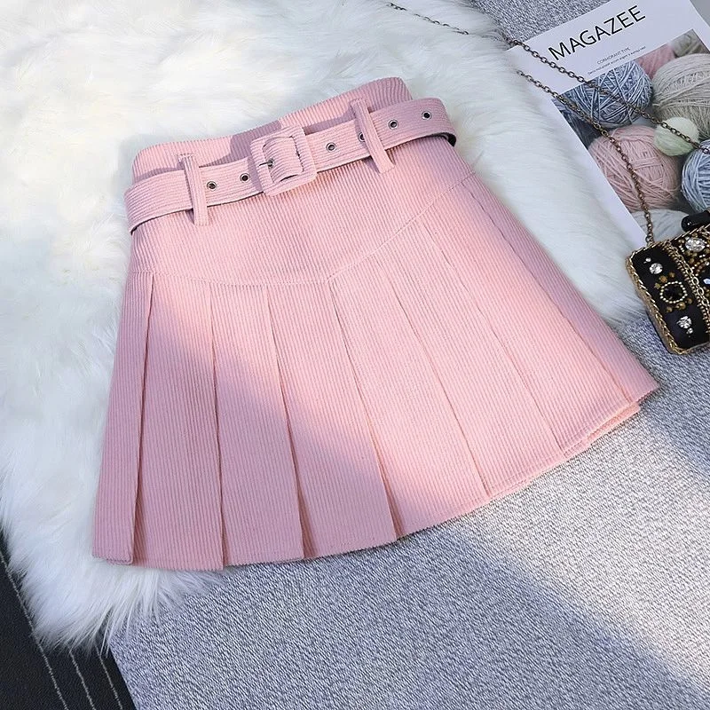 Streetwear Corduroy Pleated Skirt Women Sexy Short Skirt Autumn Winter High Waist Sashes Slim A-line Skirts Girl With Liner 2025