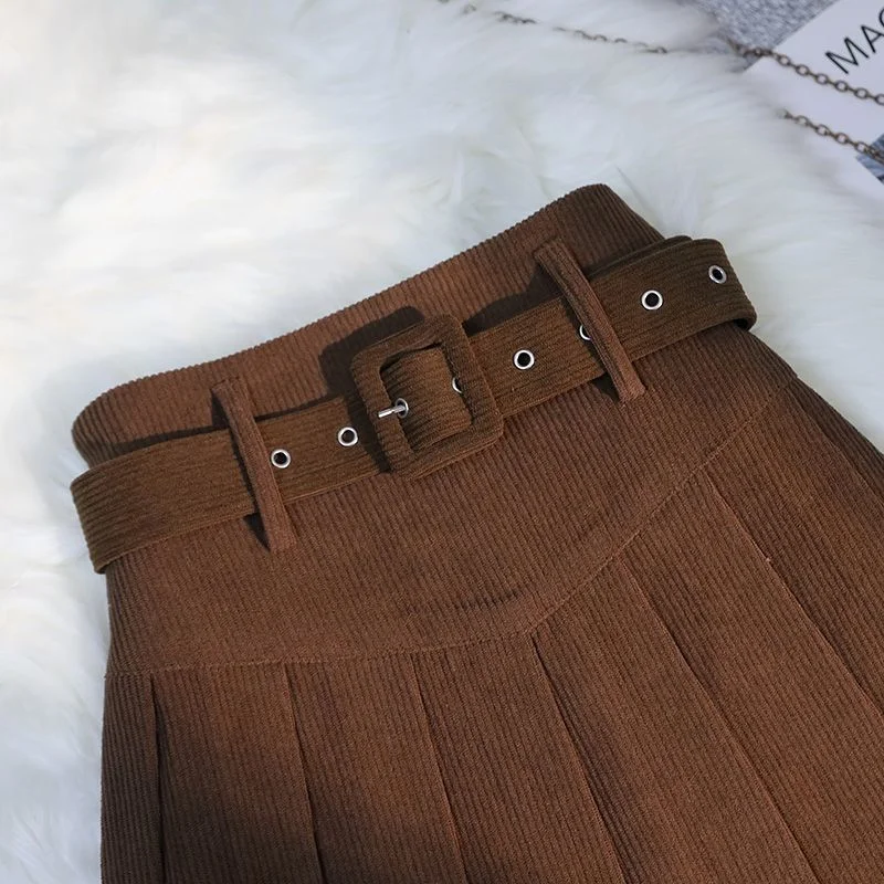 Streetwear Corduroy Pleated Skirt Women Sexy Short Skirt Autumn Winter High Waist Sashes Slim A-line Skirts Girl With Liner 2025