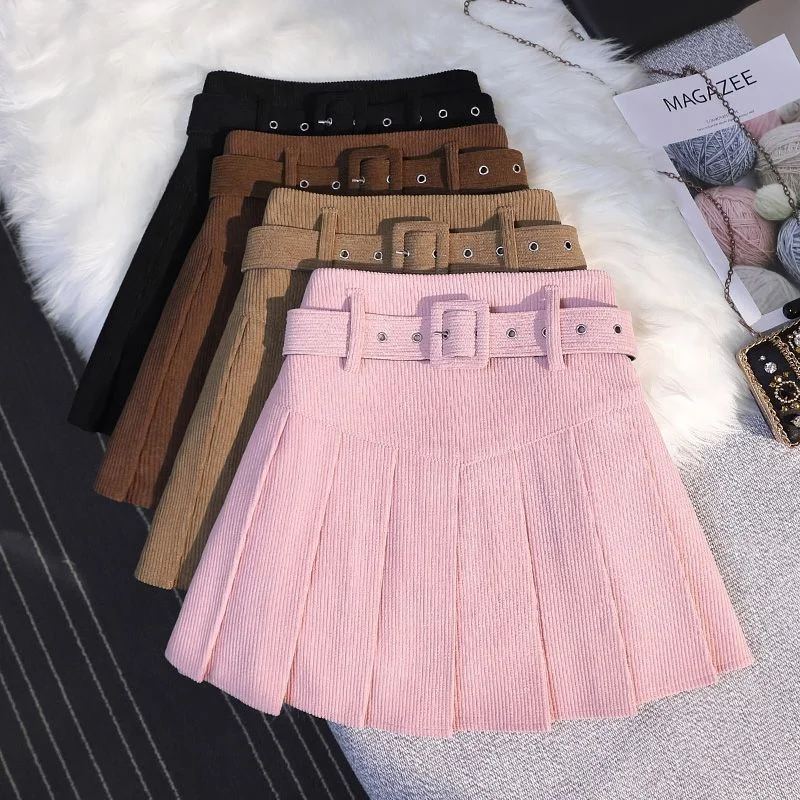 Streetwear Corduroy Pleated Skirt Women Sexy Short Skirt Autumn Winter High Waist Sashes Slim A-line Skirts Girl With Liner 2025