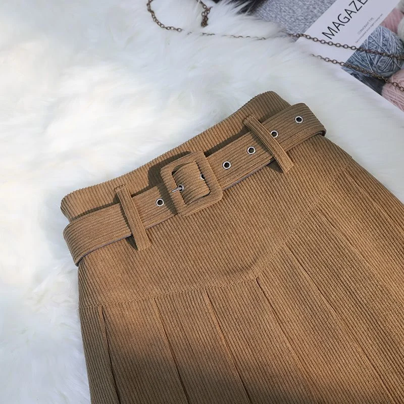 Streetwear Corduroy Pleated Skirt Women Sexy Short Skirt Autumn Winter High Waist Sashes Slim A-line Skirts Girl With Liner 2025