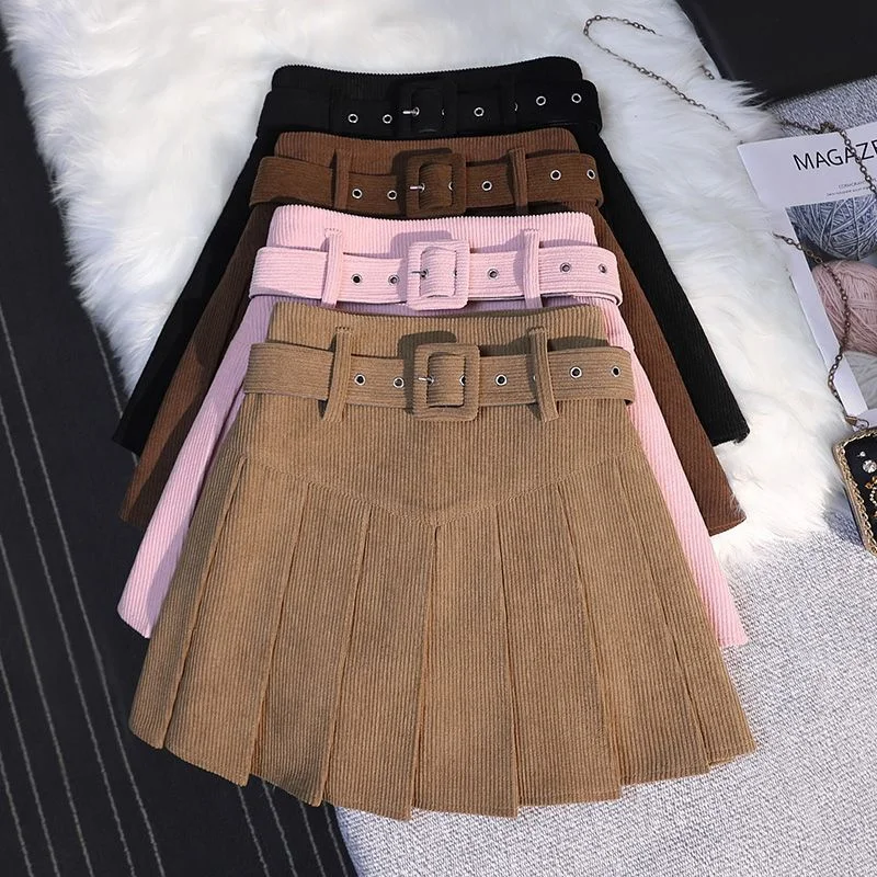 Streetwear Corduroy Pleated Skirt Women Sexy Short Skirt Autumn Winter High Waist Sashes Slim A-line Skirts Girl With Liner 2025
