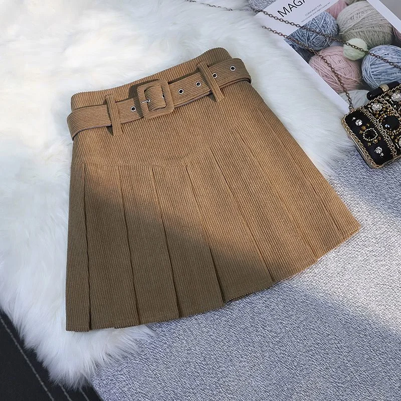 Streetwear Corduroy Pleated Skirt Women Sexy Short Skirt Autumn Winter High Waist Sashes Slim A-line Skirts Girl With Liner 2025