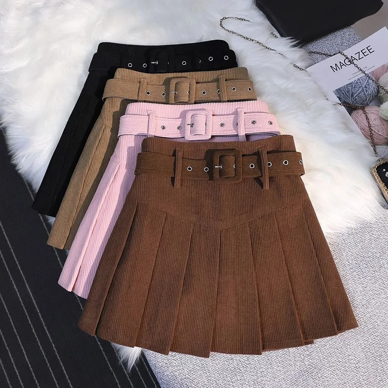 Streetwear Corduroy Pleated Skirt Women Sexy Short Skirt Autumn Winter High Waist Sashes Slim A-line Skirts Girl With Liner 2025