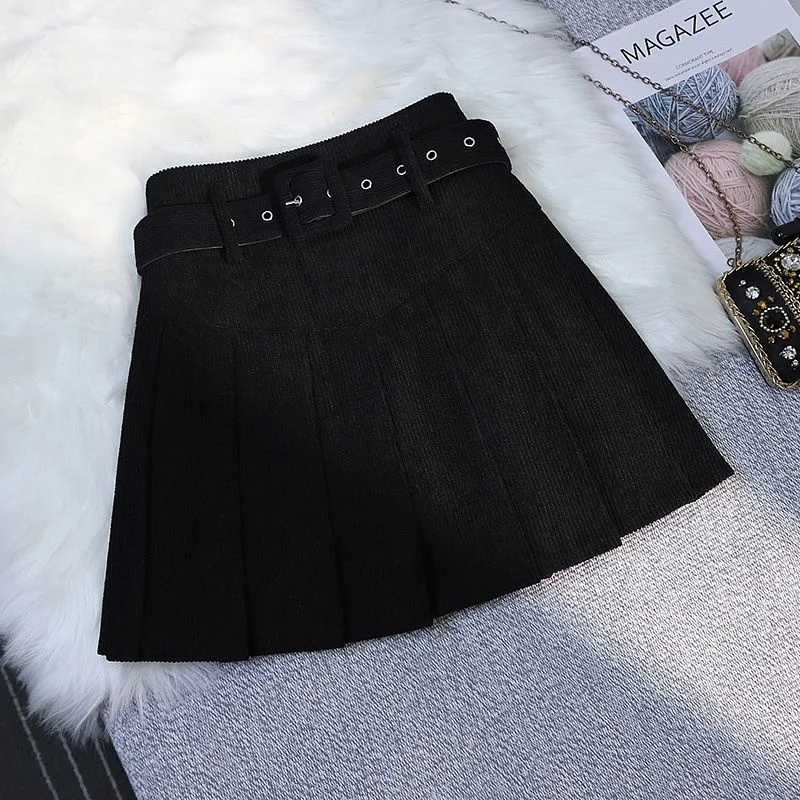 Streetwear Corduroy Pleated Skirt Women Sexy Short Skirt Autumn Winter High Waist Sashes Slim A-line Skirts Girl With Liner 2025