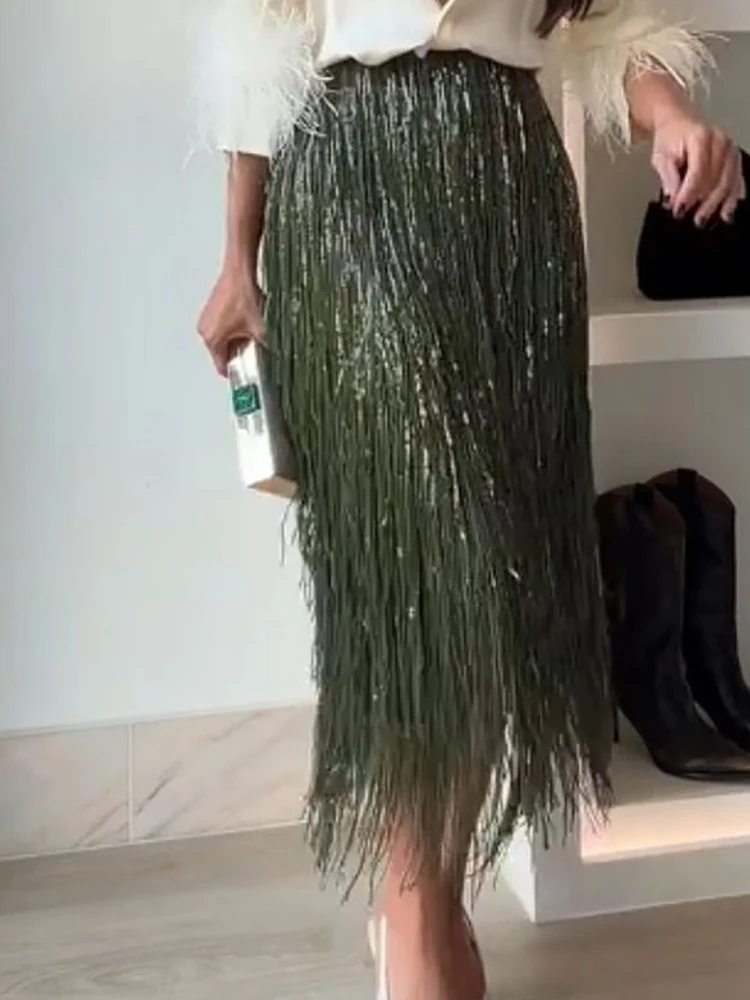 Spring Autumn Holiday Casual Maxi Skirts, Women Simple High Waist Fashion Skirts, 2026 Patchwork Tassel Elegant Ladies Skirts