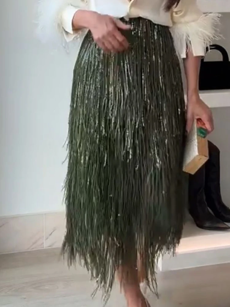 Spring Autumn Holiday Casual Maxi Skirts, Women Simple High Waist Fashion Skirts, 2026 Patchwork Tassel Elegant Ladies Skirts