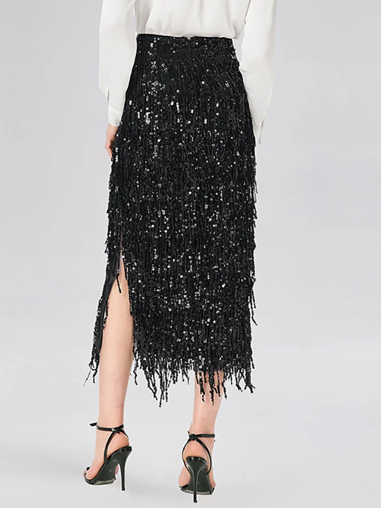 Spring Autumn Holiday Casual Maxi Skirts, Women Simple High Waist Fashion Skirts, 2026 Patchwork Tassel Elegant Ladies Skirts