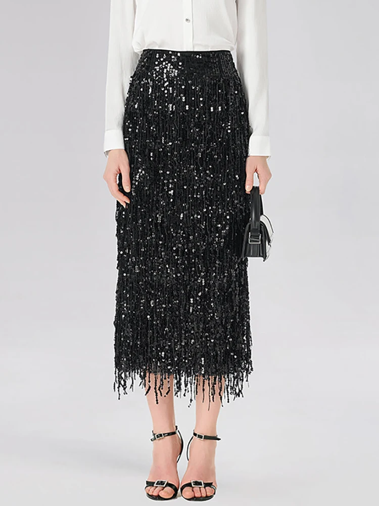 Spring Autumn Holiday Casual Maxi Skirts, Women Simple High Waist Fashion Skirts, 2026 Patchwork Tassel Elegant Ladies Skirts