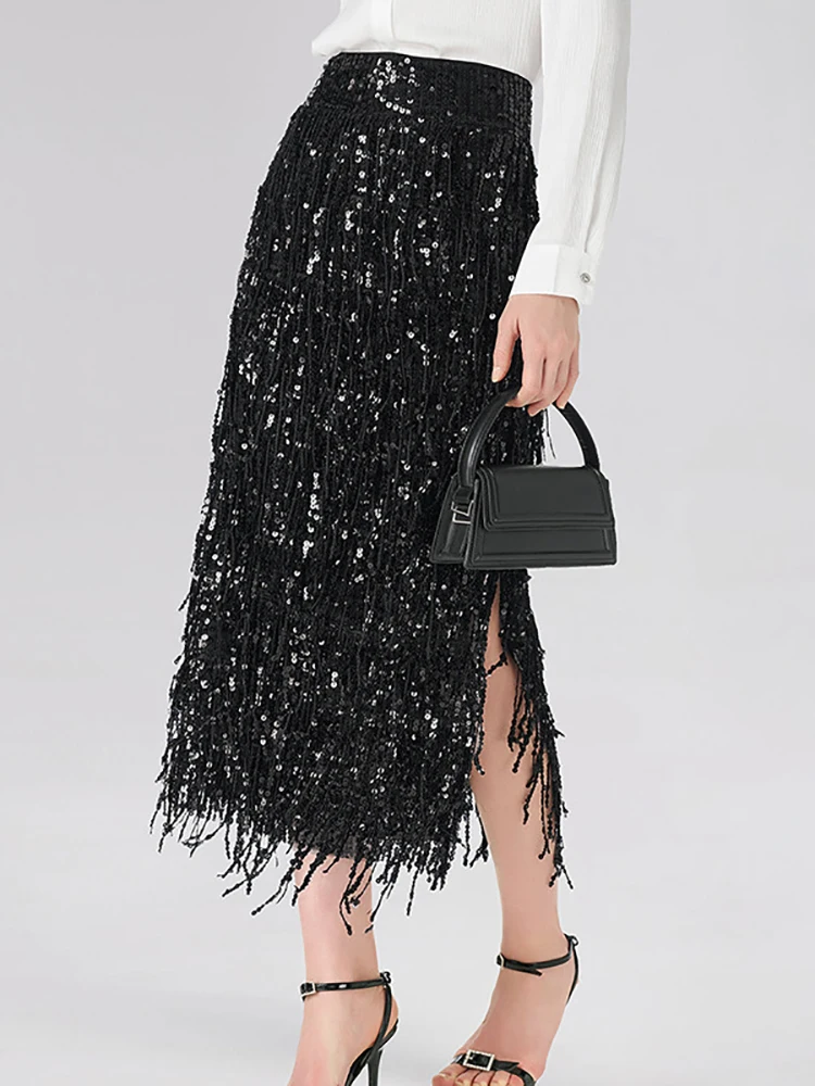 Spring Autumn Holiday Casual Maxi Skirts, Women Simple High Waist Fashion Skirts, 2026 Patchwork Tassel Elegant Ladies Skirts