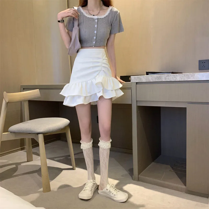 Lucyever Irregular Ruffles Short Skirts Woman Korean Fashion High Wiast Mini Skirt for Women Black White Pink Fishtail Skirts