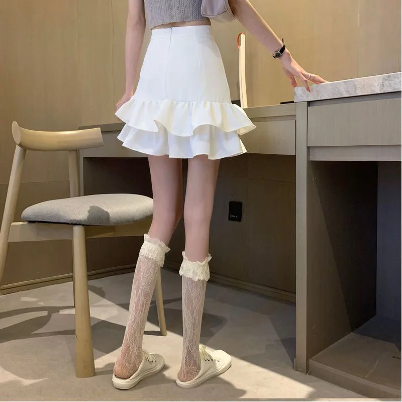 Lucyever Irregular Ruffles Short Skirts Woman Korean Fashion High Wiast Mini Skirt for Women Black White Pink Fishtail Skirts