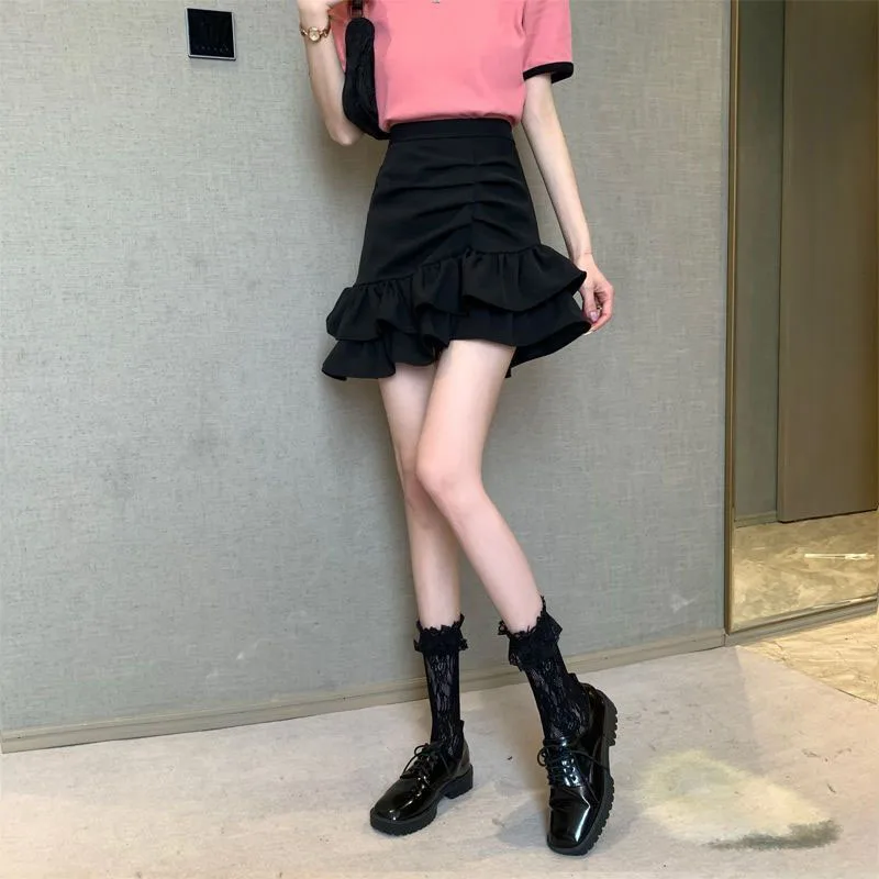 Lucyever Irregular Ruffles Short Skirts Woman Korean Fashion High Wiast Mini Skirt for Women Black White Pink Fishtail Skirts