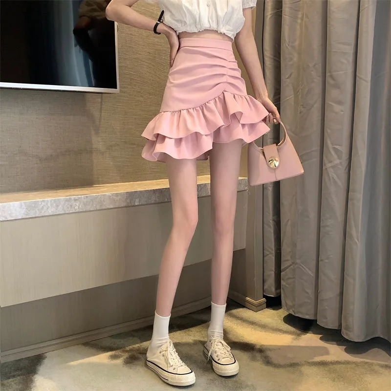 Lucyever Irregular Ruffles Short Skirts Woman Korean Fashion High Wiast Mini Skirt for Women Black White Pink Fishtail Skirts