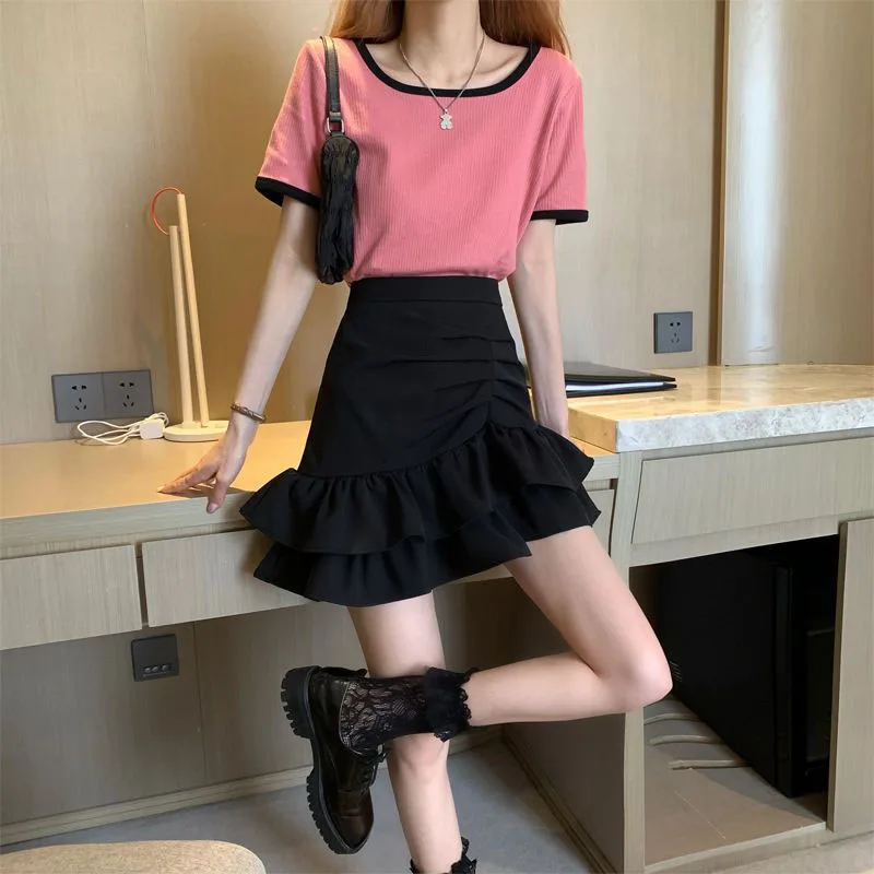 Lucyever Irregular Ruffles Short Skirts Woman Korean Fashion High Wiast Mini Skirt for Women Black White Pink Fishtail Skirts