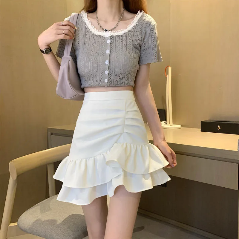 Lucyever Irregular Ruffles Short Skirts Woman Korean Fashion High Wiast Mini Skirt for Women Black White Pink Fishtail Skirts