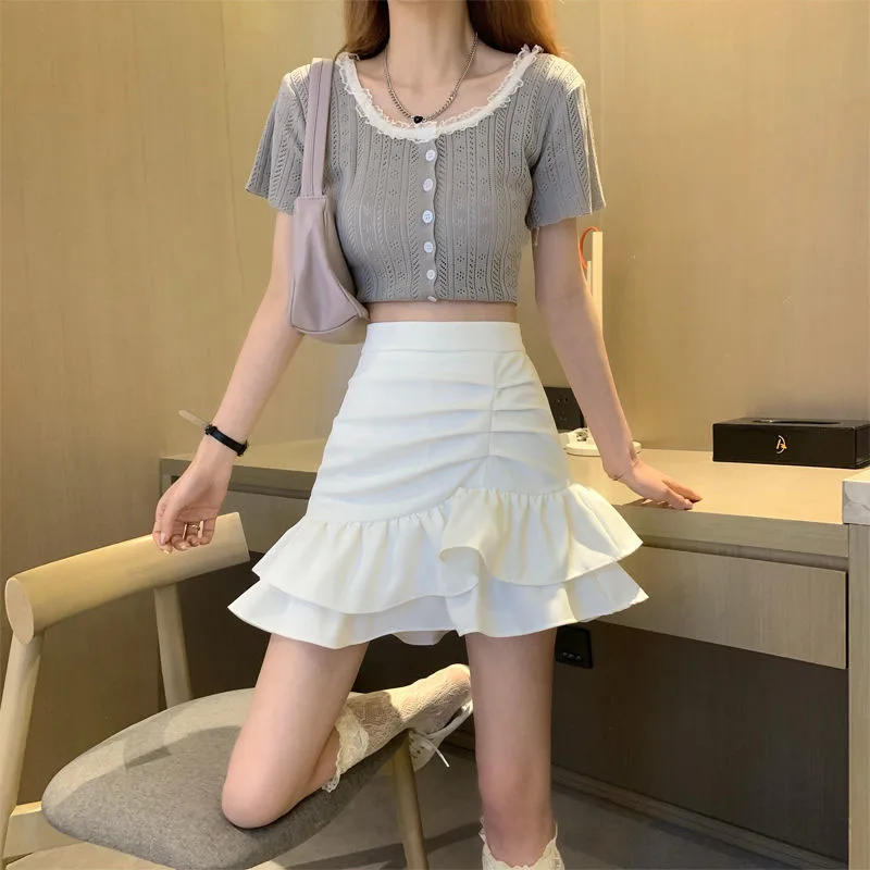 Lucyever Irregular Ruffles Short Skirts Woman Korean Fashion High Wiast Mini Skirt for Women Black White Pink Fishtail Skirts
