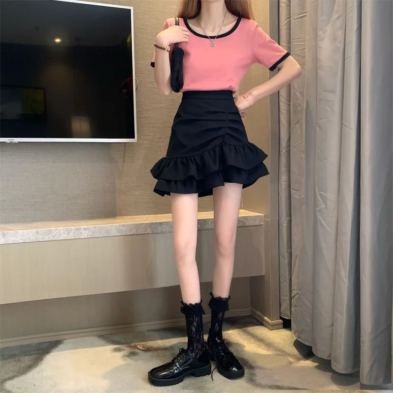 Lucyever Irregular Ruffles Short Skirts Woman Korean Fashion High Wiast Mini Skirt for Women Black White Pink Fishtail Skirts
