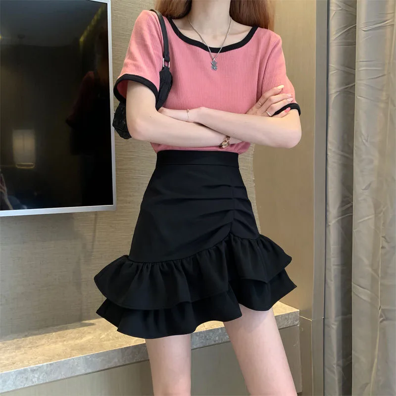 Lucyever Irregular Ruffles Short Skirts Woman Korean Fashion High Wiast Mini Skirt for Women Black White Pink Fishtail Skirts