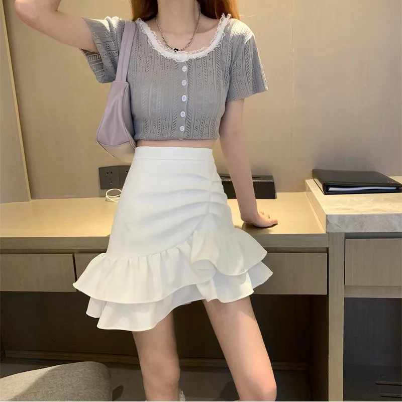 Lucyever Irregular Ruffles Short Skirts Woman Korean Fashion High Wiast Mini Skirt for Women Black White Pink Fishtail Skirts