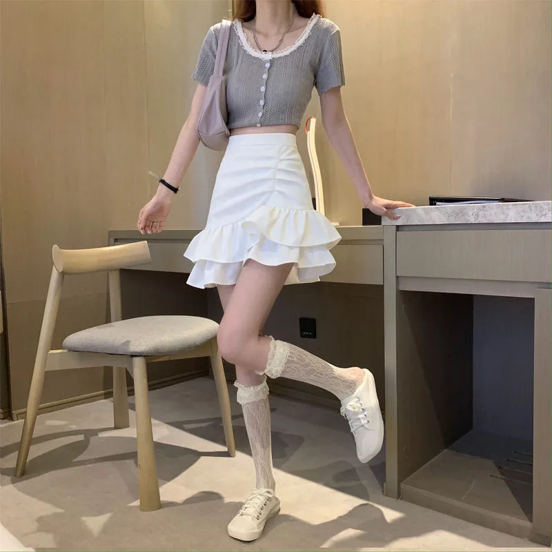 Lucyever Irregular Ruffles Short Skirts Woman Korean Fashion High Wiast Mini Skirt for Women Black White Pink Fishtail Skirts