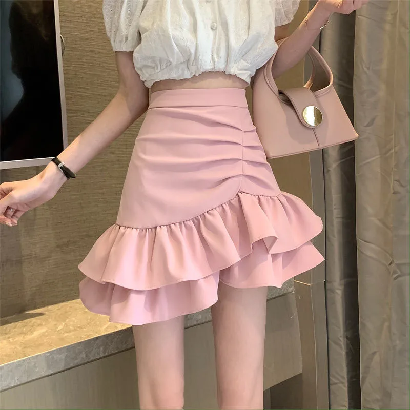 Lucyever Irregular Ruffles Short Skirts Woman Korean Fashion High Wiast Mini Skirt for Women Black White Pink Fishtail Skirts