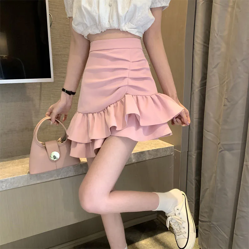 Lucyever Irregular Ruffles Short Skirts Woman Korean Fashion High Wiast Mini Skirt for Women Black White Pink Fishtail Skirts