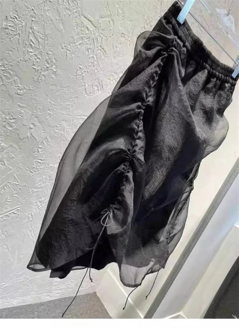 Y2K Harajuku Black Drawstring Skirt Fashion Organza Patchwork Midi Skirts Women Elastic Waist Asymmetric Streetwear Jupe A020