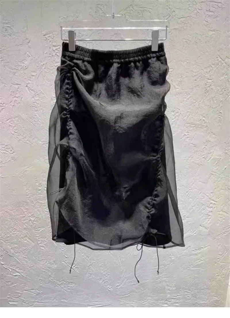Y2K Harajuku Black Drawstring Skirt Fashion Organza Patchwork Midi Skirts Women Elastic Waist Asymmetric Streetwear Jupe A020