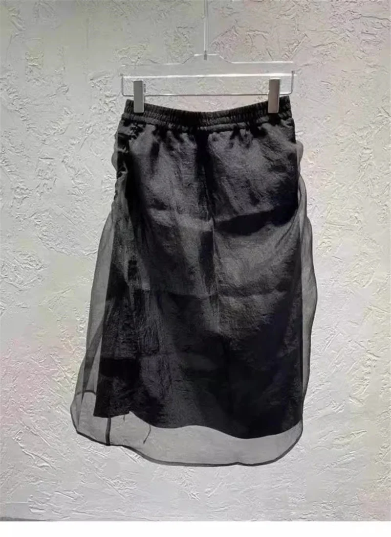 Y2K Harajuku Black Drawstring Skirt Fashion Organza Patchwork Midi Skirts Women Elastic Waist Asymmetric Streetwear Jupe A020