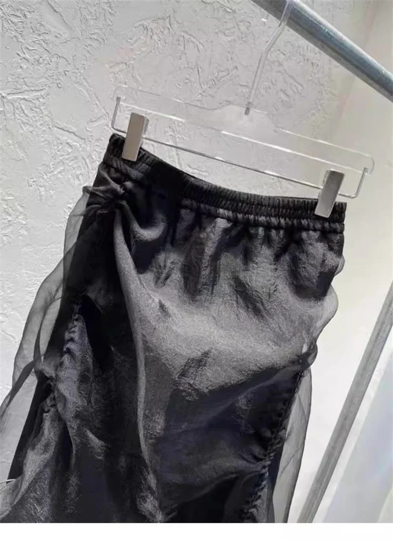 Y2K Harajuku Black Drawstring Skirt Fashion Organza Patchwork Midi Skirts Women Elastic Waist Asymmetric Streetwear Jupe A020