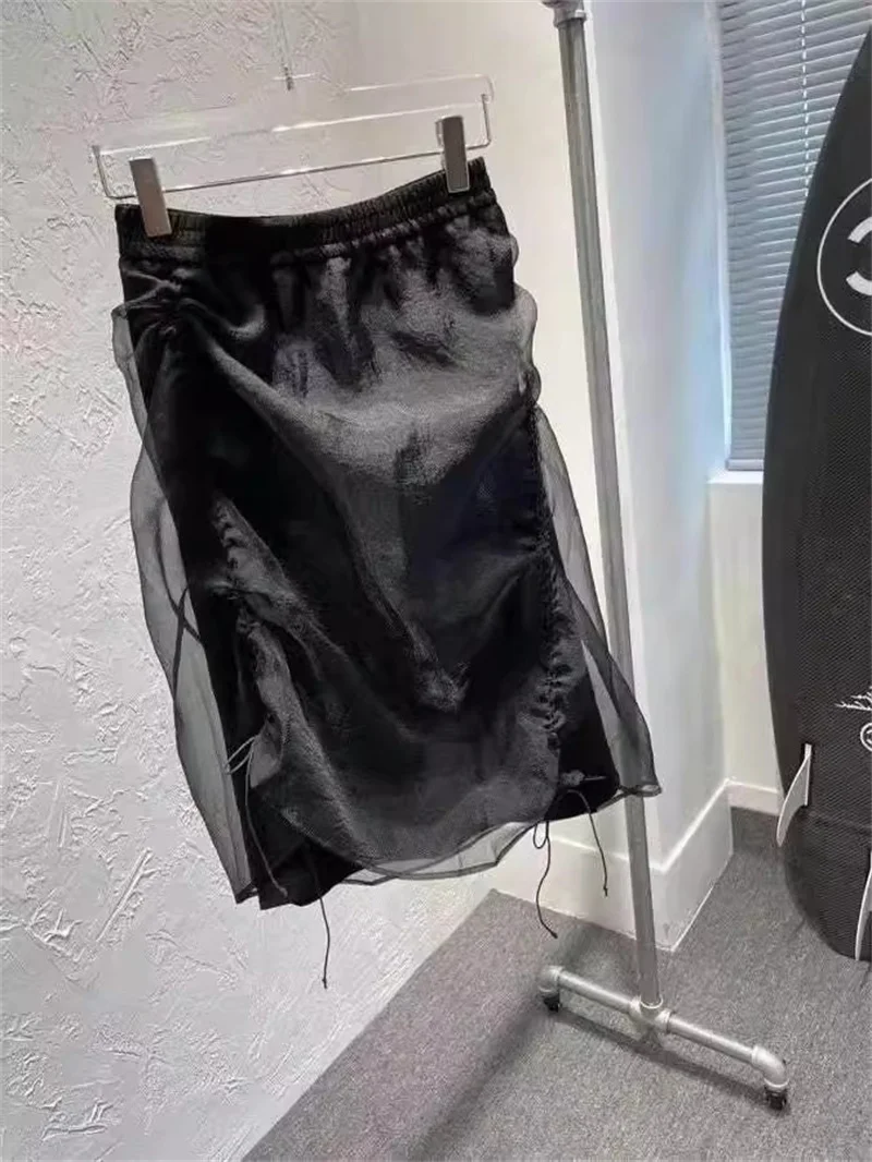 Y2K Harajuku Black Drawstring Skirt Fashion Organza Patchwork Midi Skirts Women Elastic Waist Asymmetric Streetwear Jupe A020