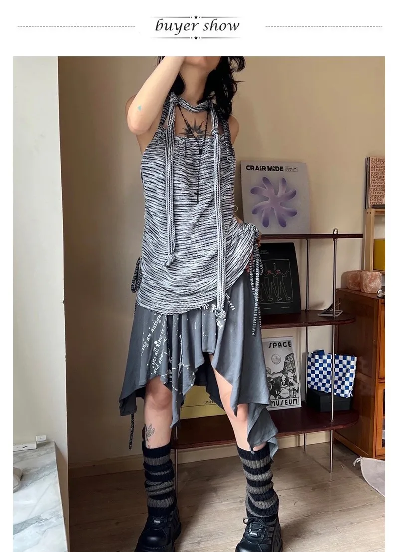 Karrcat Trashy Y2k Graffiti Print Skirt Vintage Harajuku Irregular Skirt Grunge Aesthetics Grey Skirt High Street American Retro