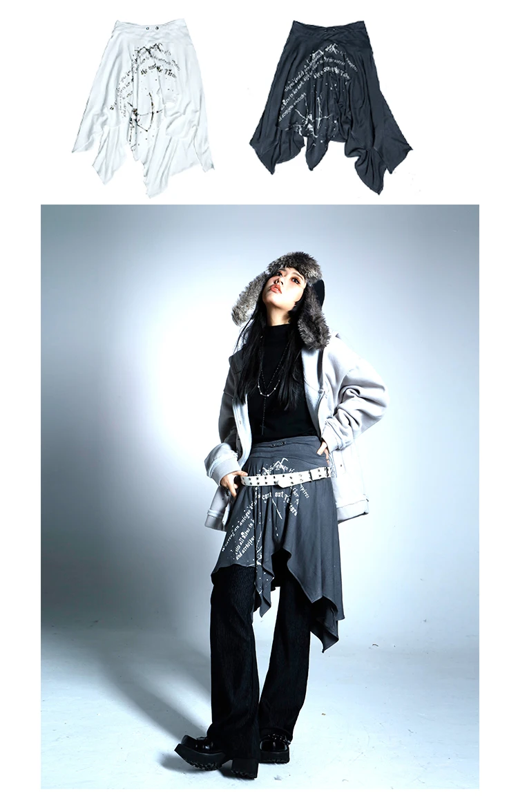 Karrcat Trashy Y2k Graffiti Print Skirt Vintage Harajuku Irregular Skirt Grunge Aesthetics Grey Skirt High Street American Retro