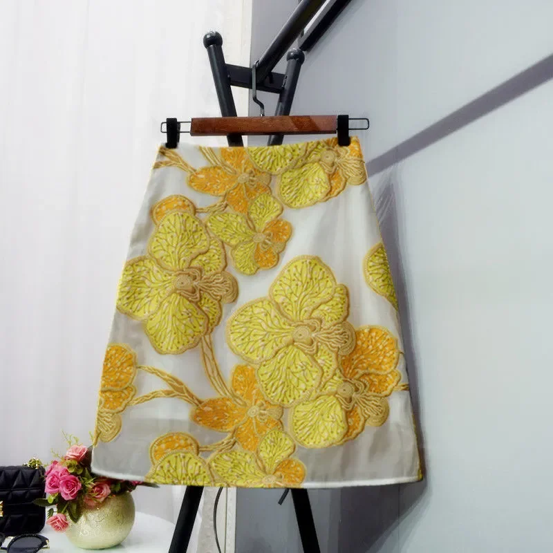 New Fashion Floral Embroidery Skirt Women Retro Organza Slim A-line Elegant Party Skirts Celebrity Office Lady Jupe Clothing