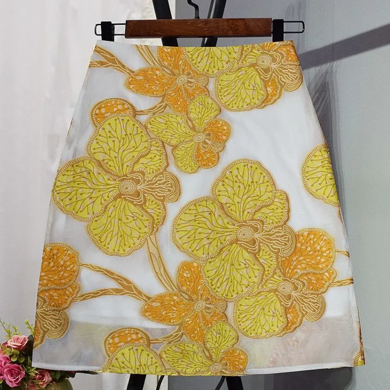 New Fashion Floral Embroidery Skirt Women Retro Organza Slim A-line Elegant Party Skirts Celebrity Office Lady Jupe Clothing