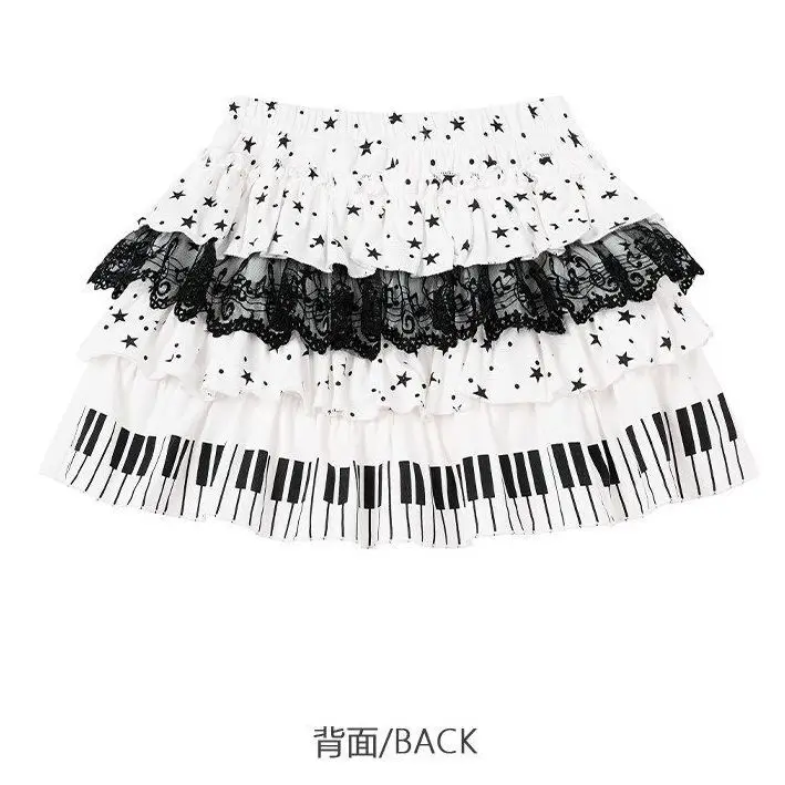 Harajuku Sweet Lolita Piano Key Star Print Lace Tiered Cake Skirt Women High Waist A Line Anti-Exposure Mini Skirt Daily Wear