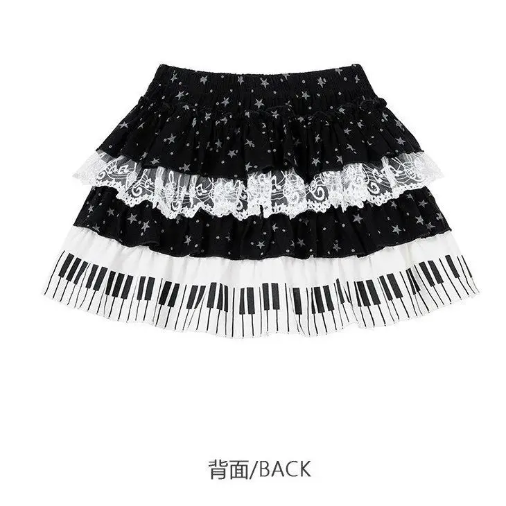 Harajuku Sweet Lolita Piano Key Star Print Lace Tiered Cake Skirt Women High Waist A Line Anti-Exposure Mini Skirt Daily Wear