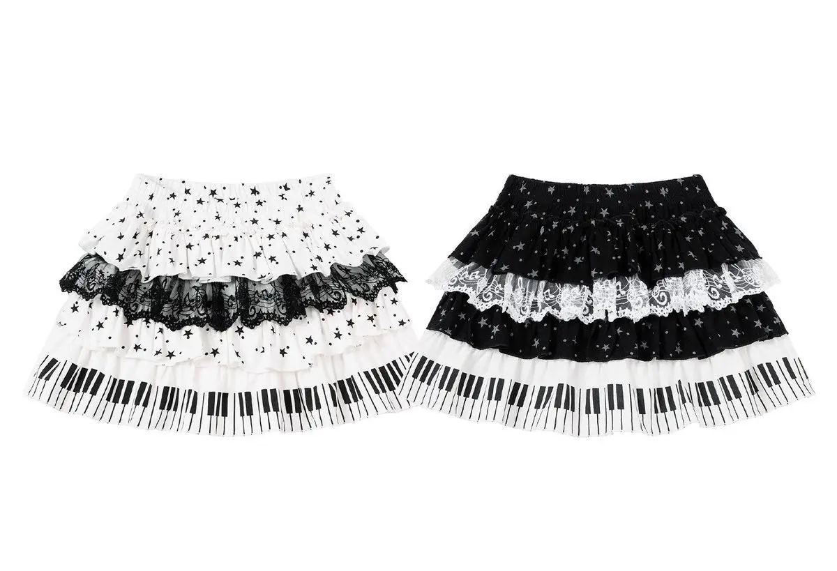 Harajuku Sweet Lolita Piano Key Star Print Lace Tiered Cake Skirt Women High Waist A Line Anti-Exposure Mini Skirt Daily Wear