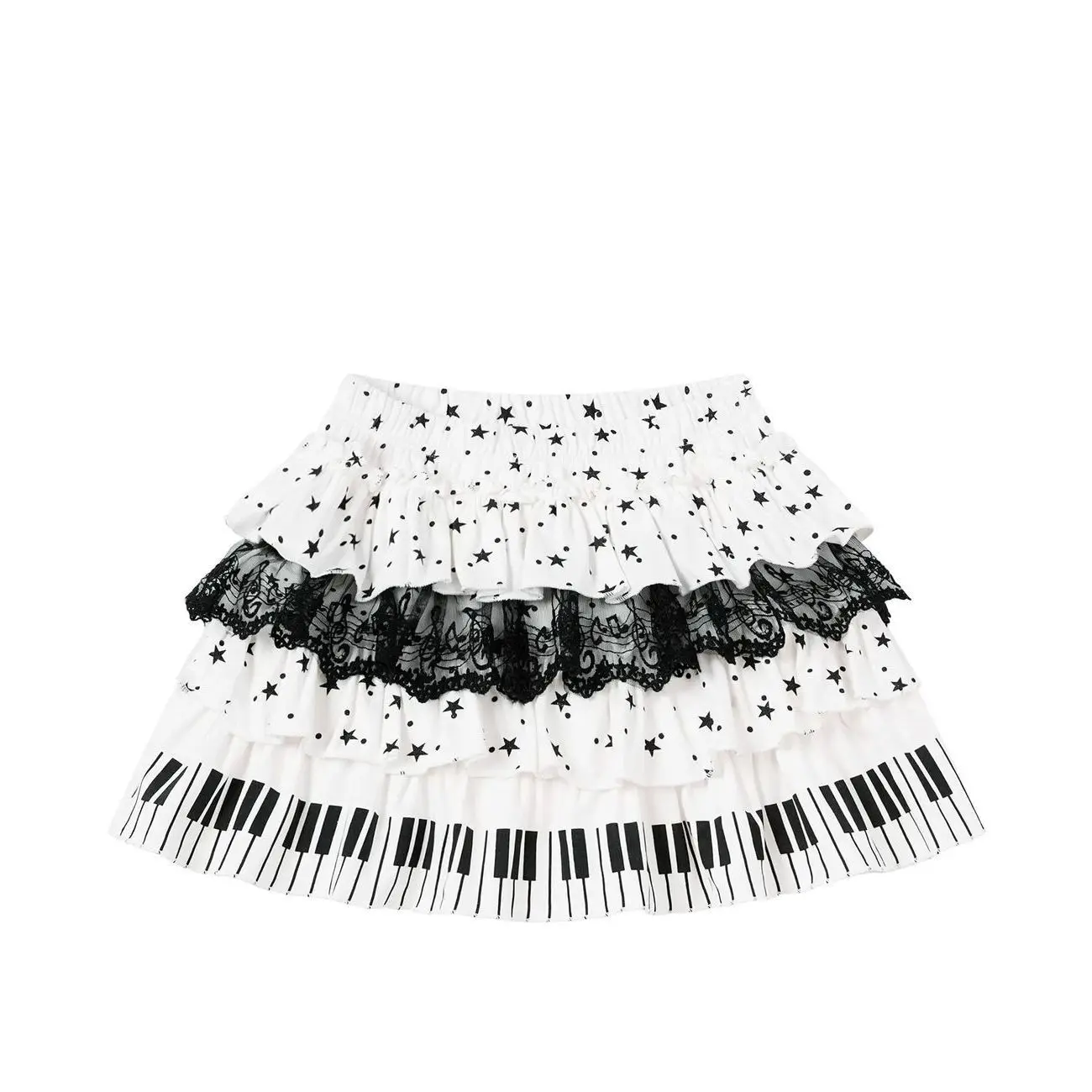 Harajuku Sweet Lolita Piano Key Star Print Lace Tiered Cake Skirt Women High Waist A Line Anti-Exposure Mini Skirt Daily Wear