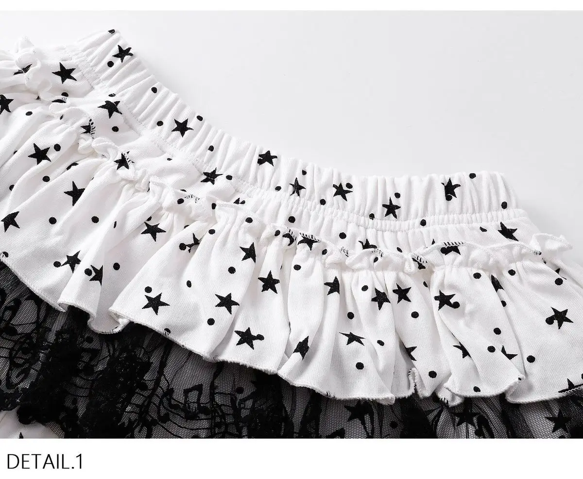 Harajuku Sweet Lolita Piano Key Star Print Lace Tiered Cake Skirt Women High Waist A Line Anti-Exposure Mini Skirt Daily Wear