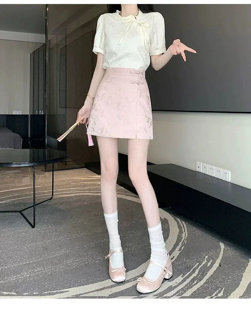Elegant Pink White Mini Skirts for Women Fashion Bow Short Skirts Women's Summer Slim Skirts Pants Women Split High Waist Skirts