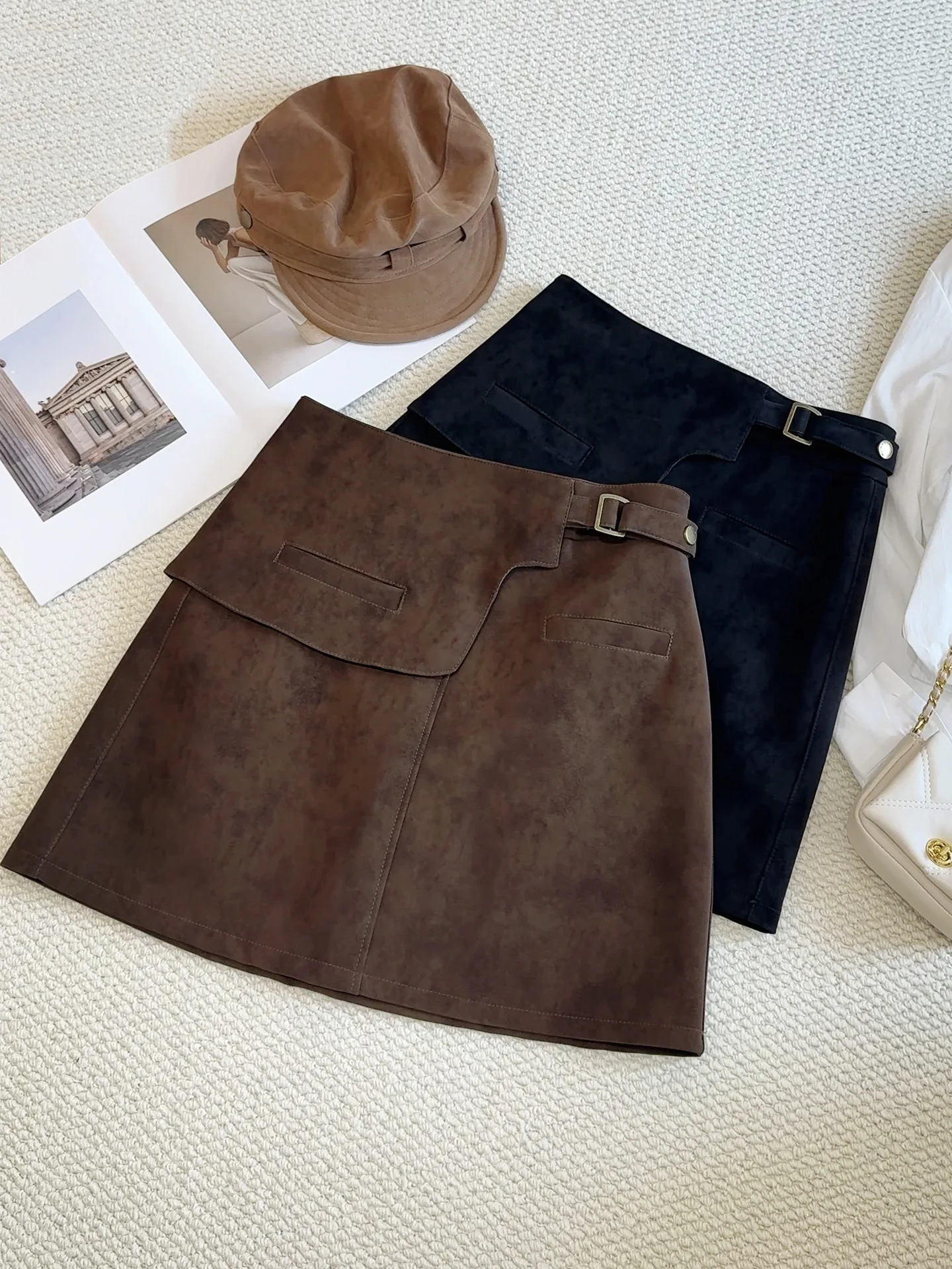 2026 Retro Vintage High Waist Wrap Mini Suede Skirt for Women Autumn Winter Solid A-line Korean Bodycon Casual Sheath Skirts Y2k