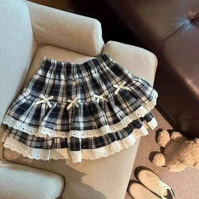Sweet Cool Kawaii Y2K Puff Mini Skirt Women's Plaid High-Waist Lace Patchwork Bow Casual Dating Skirt Lolita School Performance