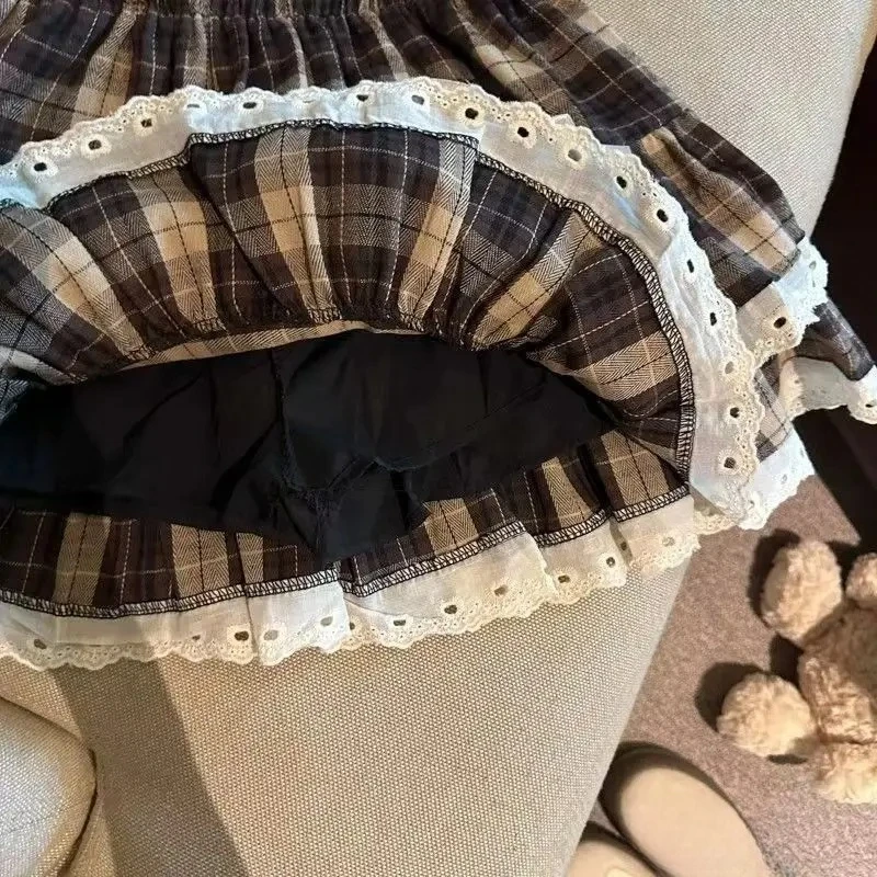 Sweet Cool Kawaii Y2K Puff Mini Skirt Women's Plaid High-Waist Lace Patchwork Bow Casual Dating Skirt Lolita School Performance