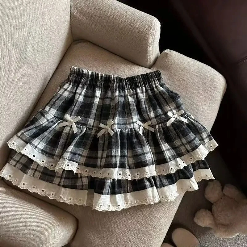 Sweet Cool Kawaii Y2K Puff Mini Skirt Women's Plaid High-Waist Lace Patchwork Bow Casual Dating Skirt Lolita School Performance