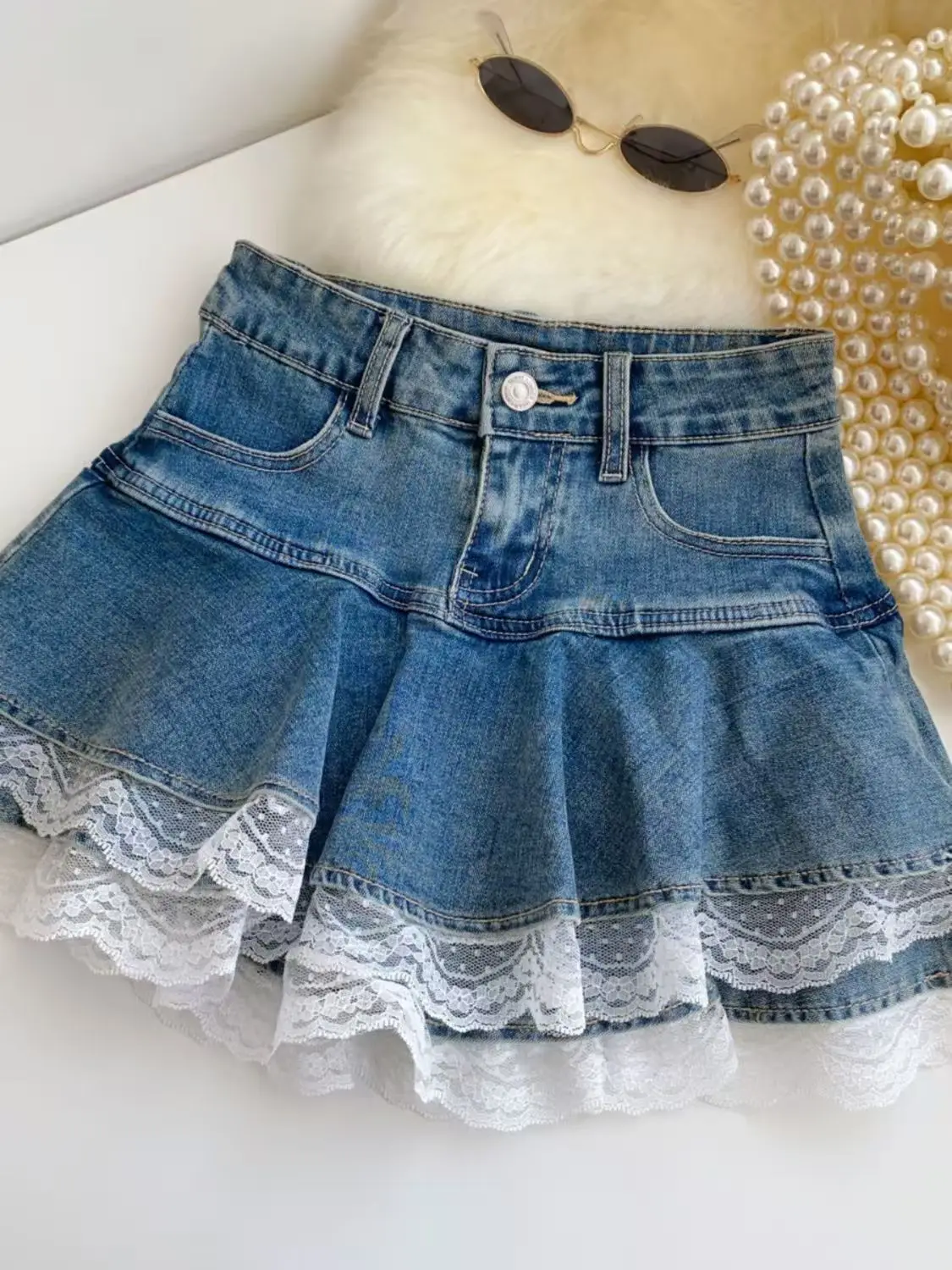 Women Fashion Streetwear Ruffles Kawaii Lace Skirts Shorts Preppy School Pleated Jeans Skirt 2025 Summer Mini Y2K Denim Skirt